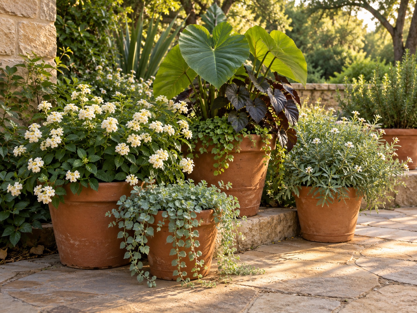 A group of leafy and flowering plants in terracotta pots