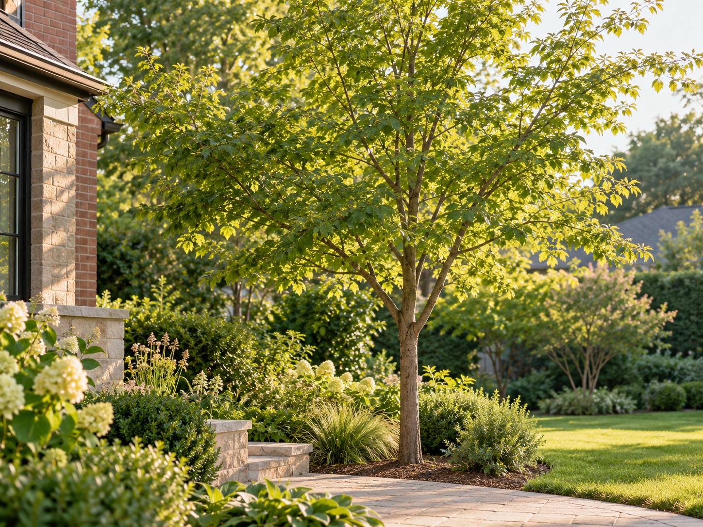 A young tree in a sunlit home garden